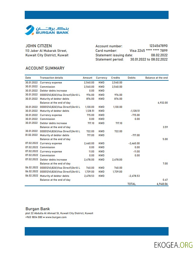 Relevé de la banque Burgan du Koweït xls